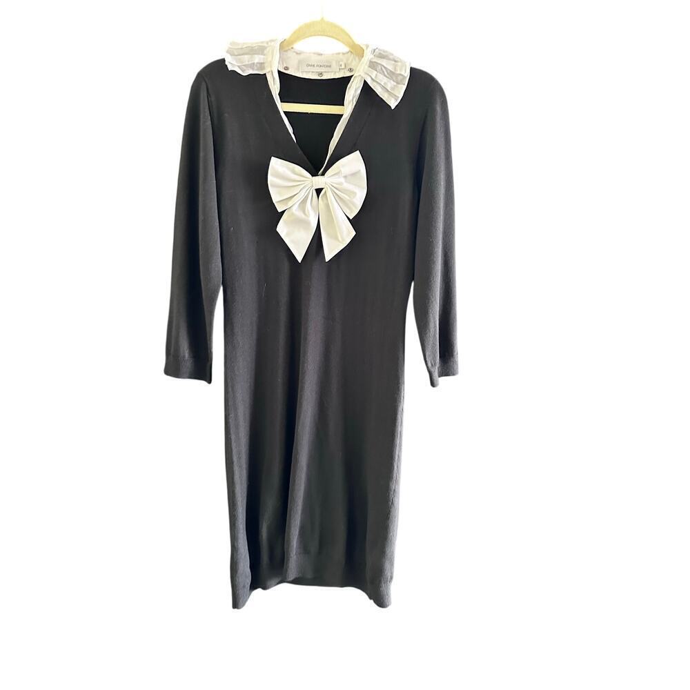 Anne Fontaine Women's Black White Wool Bow Front V-Neck Dress Size 42